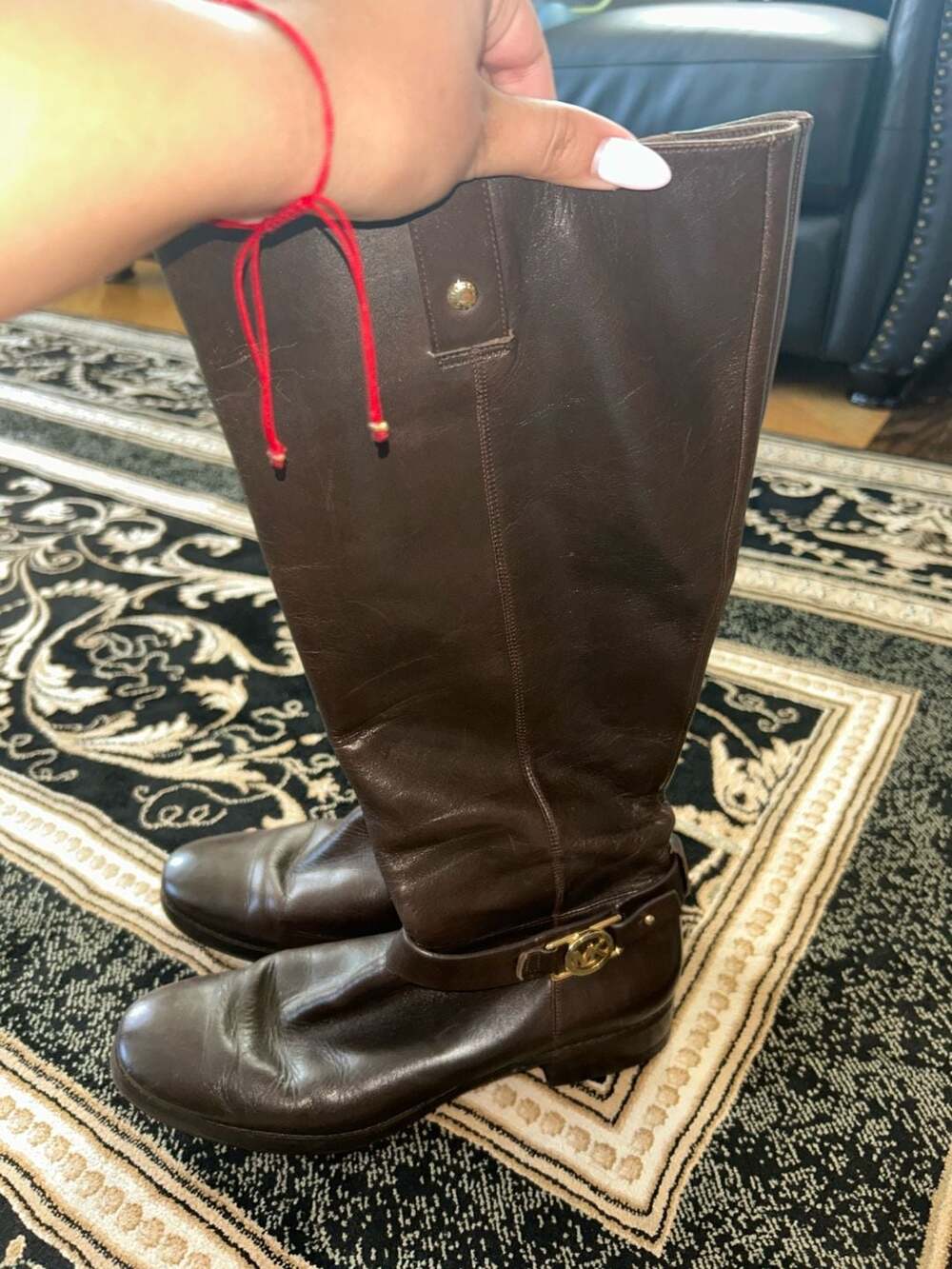 Michael Kors Dark Brown Leather Knee High Riding Boots with Gold MK Logo Buckle